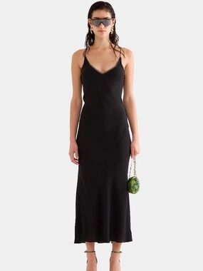 Venroy Lace Trim Silk Open Back Dress Black Size S